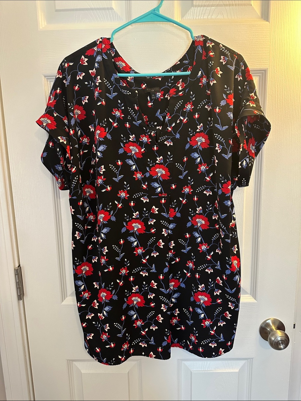 Talbots Black Floral Short Sleeve Blouse with Red and Blue Flowers